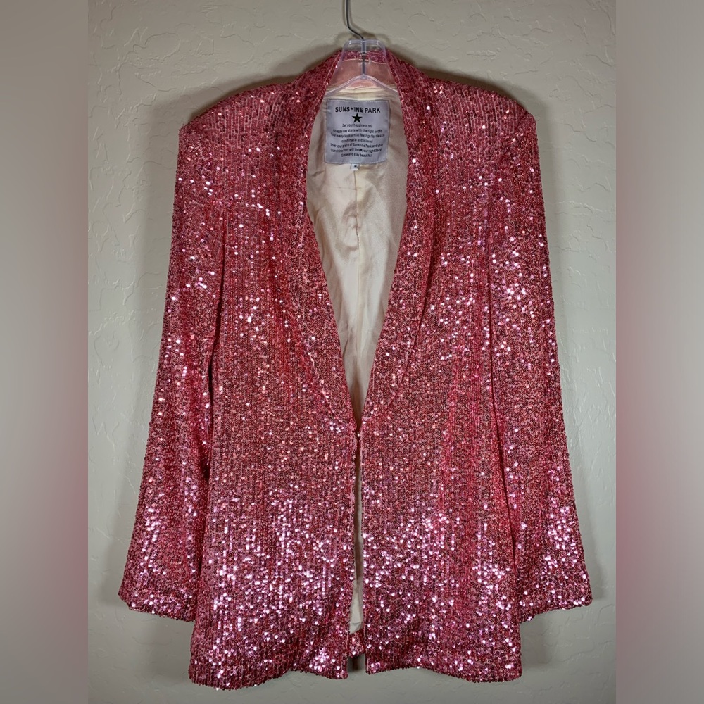Sunshine Park Barbie Pink Sequin Blazer Sz Medium EUC 30” Long